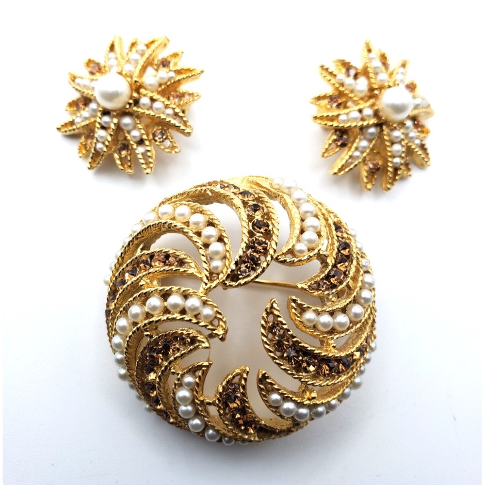 Vintage BSK Brooch Clip Earrings Set Faux Pearls Rhinestones